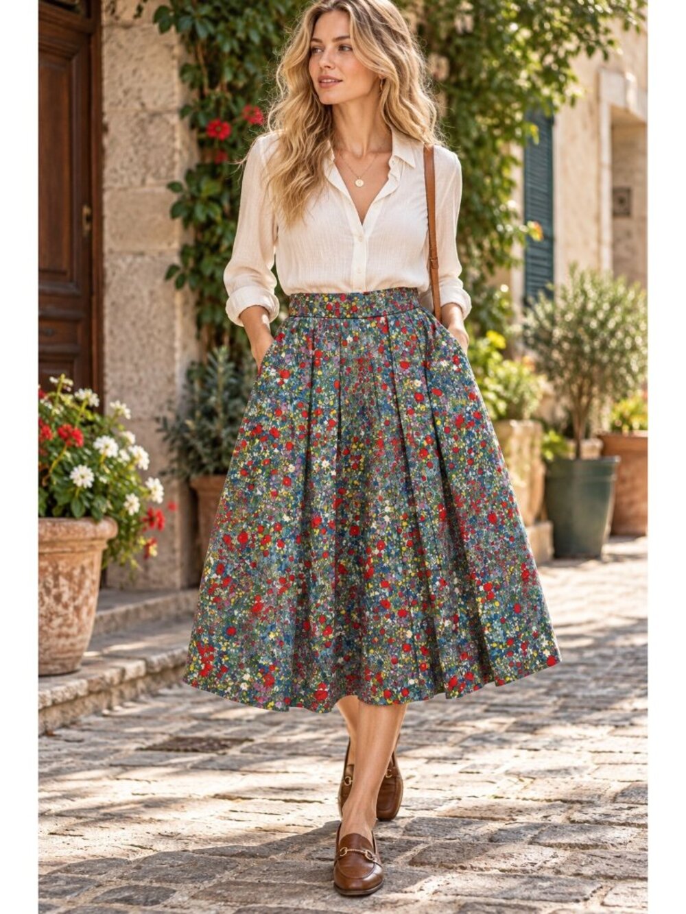 Vintage Geiger Austria Floral Cotton Pleated Midi Skirt EU 40 US 8 Pockets